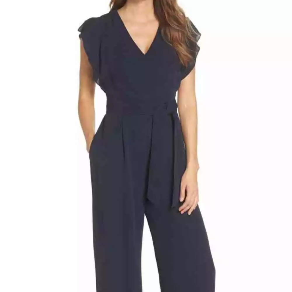 Eliza J Navy V-Neck Cap Sleeve Jumpsuit